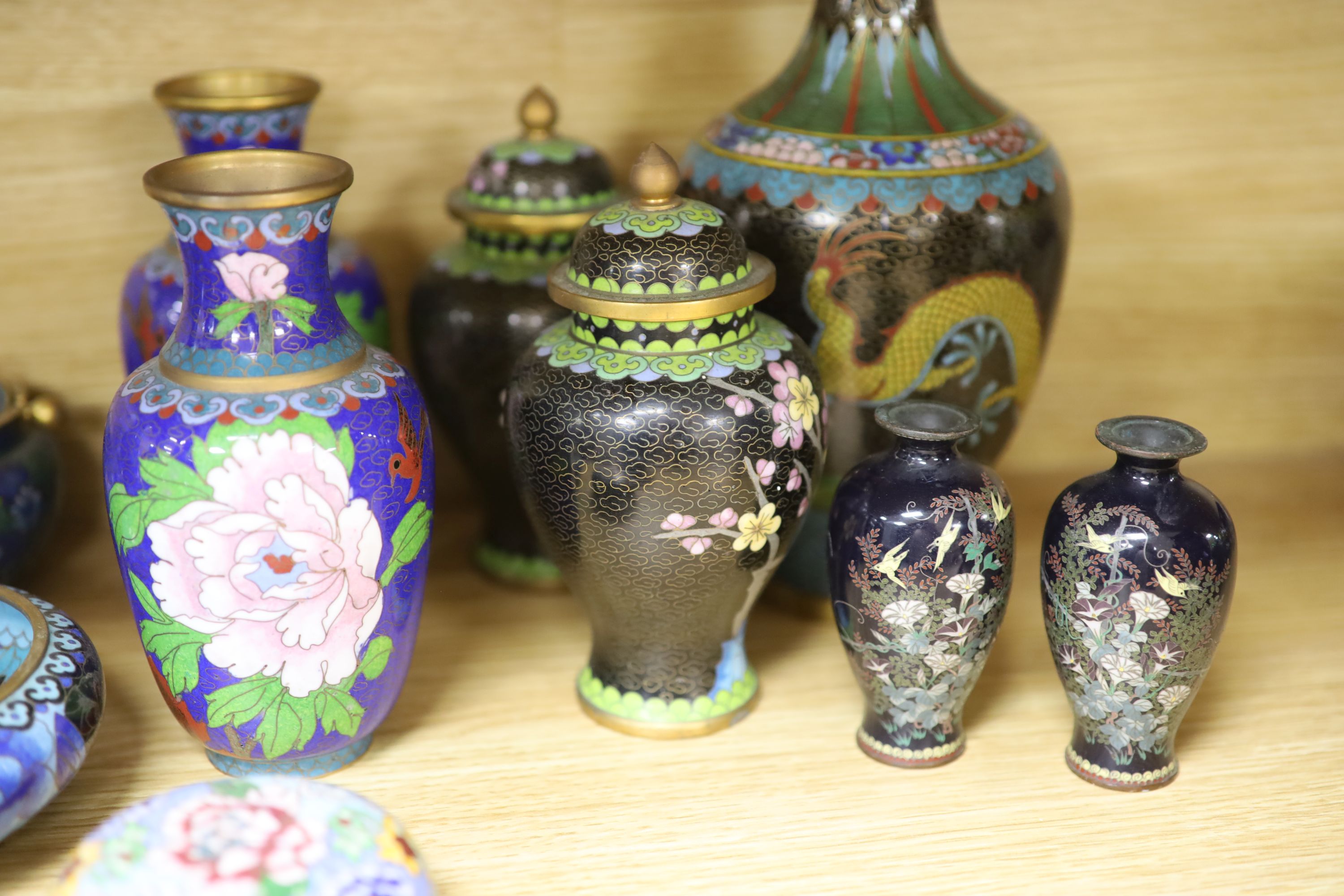 A large collection of cloisonne vases, pots, bowls etc, tallest 31cm